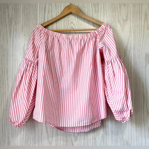 Michael Kors Women's Pink White Striped Off-Shoulder Blouse Top Size L NWOT - Picture 3 of 3
